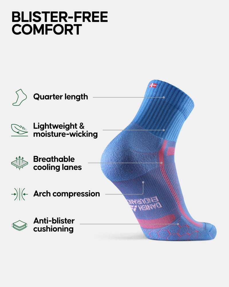 DANISH ENDURANCE 3 Pack Running Socks for Long Distances, Quarter, Men & Women, Light Blue/Orange, US Women 11-13 // US Men 9.5-12.5 - Image 2